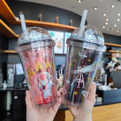 Girls Drinking Bottle Astronaut Straw Cup Creative Universe Plastic Bottles Water Bottle Cartoon Cute Portable Softdrink Bottle