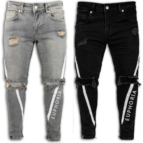 Black Ripped Jeans Fashion Letter Print Stretch Distressed Jeans Homme Casual Skinny Knee Hole Denim Pants