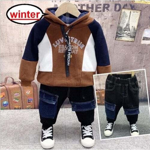 Children Tracksuit Winter Kids Plush Velvet Hoodie+Thickened Jeans 2pcs Sets Baby Boys Clothing Sets Toddler Girl Outfits 2-6Y