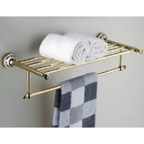 Wall Mounted Polished Gold Color Brass Bathroom Large Towel Rail Towel Bar Holder Shelf Bathroom Accessory mba256