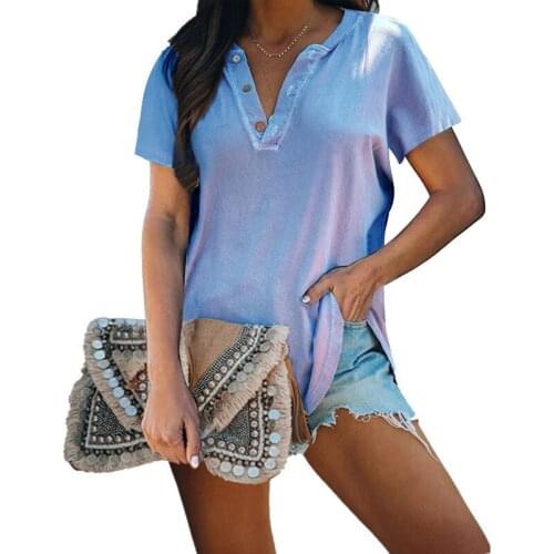 New Casual Womens T-shirt Summer Short-sleeve V-neck Solid Color Button Loose T-shirt Tops Street Clothing Womens Fashion
