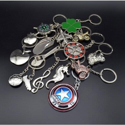 New Fashion Note Hippocampus Football Captain America Shield Wrench Flip flops Apple F22 Compass Alloy Metal Keychain Keyring