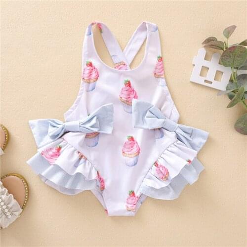 0-5Y Summer New Kids Girls 1 Piece Swimwear Floral Ice Cream Print Sleeveless Ruffles Backless Jumpsuits