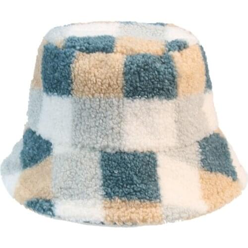 Bucket hat fur warm flat top winter hats women patchwork wide brim green blue fashion winter women hats 2021 new gorro pescador