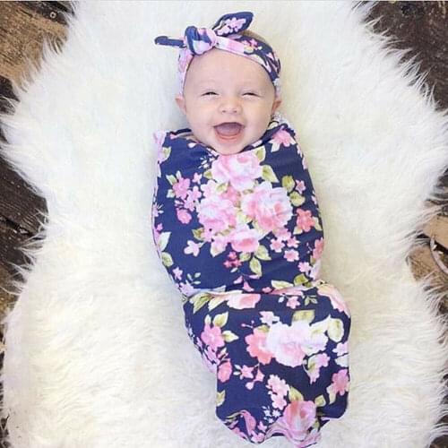 Newborn Baby Infant Swaddle Blanket Wrap Sleeping Bag Sleep Bags Floral Wrap Sleeping Bag Headband Photography