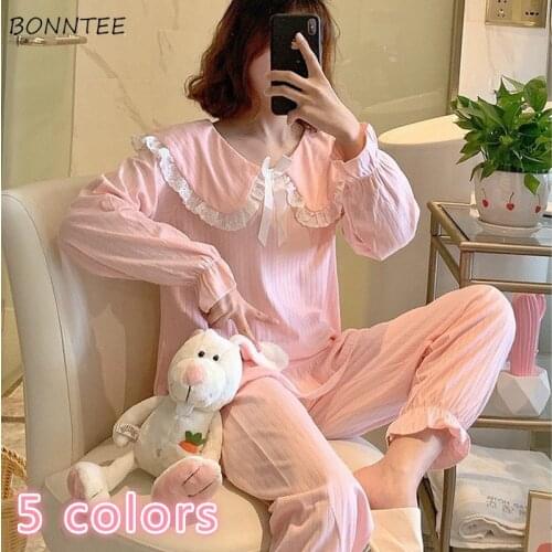 Pajama Sets Women Sweet Simple Spring Long Sleeve Schoolgirls Sleepwear Soft Outfits Cute Pajamas Princess Loungewear Patchwork