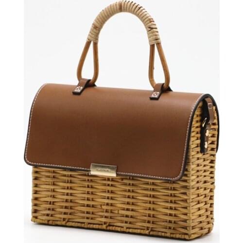 New Rattan Straw Bag For Women Box Womens Handbags Patchwork Leathers Women Messenger Bags Fashion Female Tote Summer Beach Bag