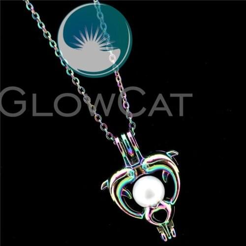R-C460 Colorful Lover Dolphin Heart Beads Cage Pendant Perfume Diffuser Aromatherapy Stone Pearl Cage Locket Necklace