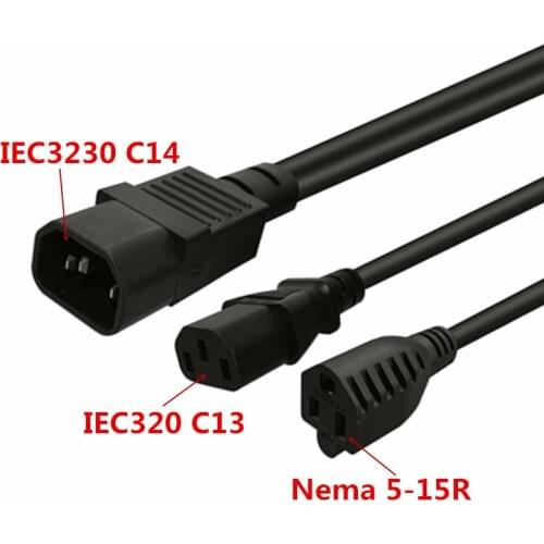 Power Y Type Splitter Adapter Cable Single IEC 320 C14 Male to C13 + Nema 5-15R Female Short Cord for Computer host display