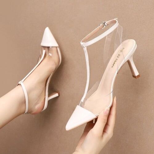 Sandals women 2020 new stiletto French high heels, one word with Baotou T word with pointed toe shoes