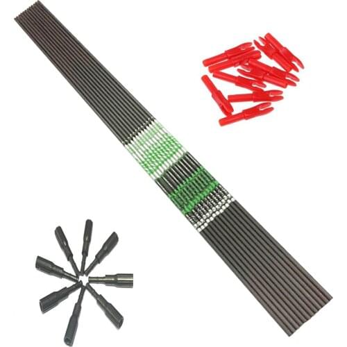 12pcs Archery carbon arrow shafts spine350 400 500 600 700 800 900 ID4.2mm+12pcs arrow nock+12pcs arrow insert for DIY hunting