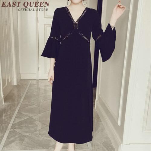 Womens summer dresses 2018 summer fashion leg slit dress v-neck summerdress ankle length black color beach vestidos NN0206 YQ