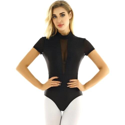 Women One-piece Dancewear Mock Neck Short Sleeves Backless Gymnastics Leotard Workout Bodysuit Competition Ballet Dance Costume