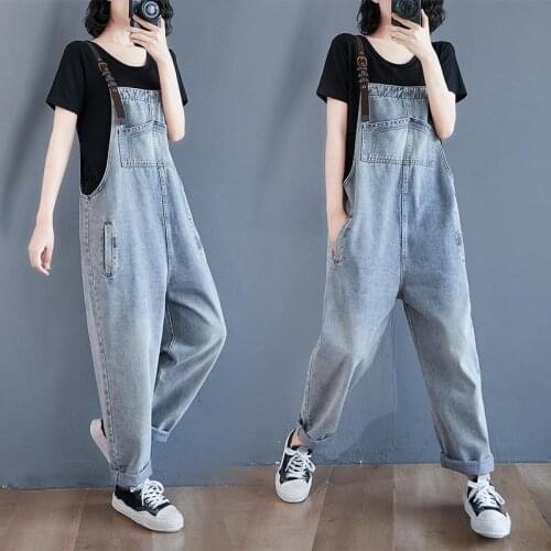 Retro Denim Bib Women 2021 Korean Pants Look Thin Jeans Loose Harem Overalls Nine-point Jumpsuit Wide-leg Trousers Streetwear
