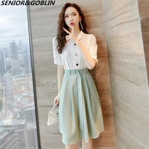 Women Summer Casual Office Two Piece Set Short Sleeve White Chiffon Shirt Top + Mint Green High Waist Midi Skirt Set With Belt