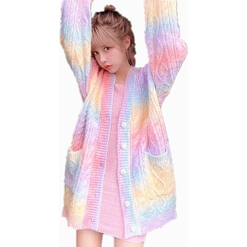 2021 Women Rainbow Knitted Cardigan Autumn Winter Sweet Kawaii Sweater Coat Female Long Korean Button Down Cardigan Fall
