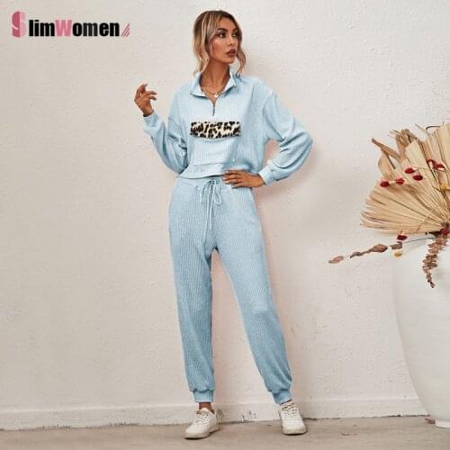 Women Casual Tracksuit Fall Winter Leopard Patchwork Two Piece Sportswear Set Drawstring Pants Set Homewear Sports Suit Outfits