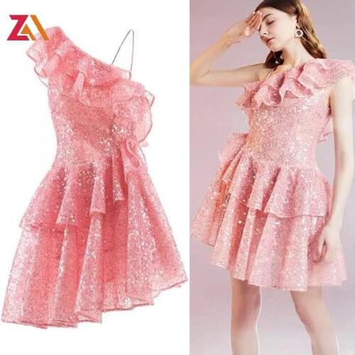 ZALady design runway fashion mini dresses for women sexy Sequins elegant ruffles off the shoulder party evening dress traf robes