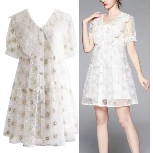 ZALady designer sweet white floral embroidery mini dresses for women summer loose plus size 2XL lace up dress vestidos mujer