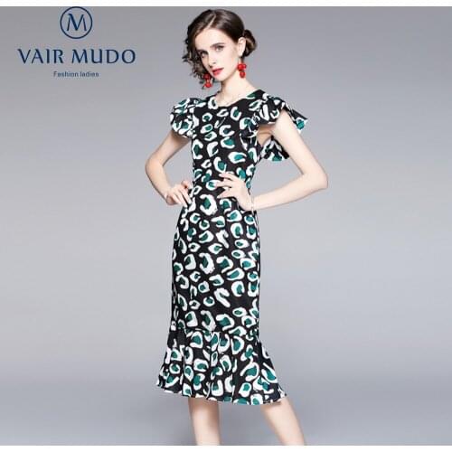 Women Temperament Dress Female Slim Simming Fashion Print Flying Sleeve Fishtail Long Skirt Elegant Sexy O-Neck Chiffon Y-190