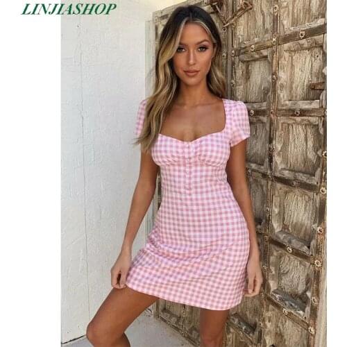 Vintage sexy square neck summer plaid dress women short sleeve reformation A line slim holiday cotton beach pink mini dress