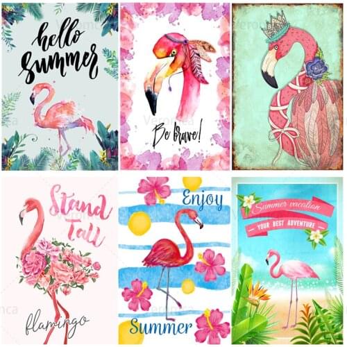 Hello Summer Flamingo Figure Animal Tin Sign Wall Art Metal Poster Iron Plate Retro Plaque for Club Bar Pub Home Decoration
