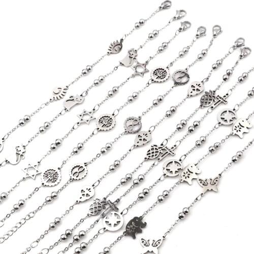 Womens Charm Stainless Steel Bracelets With Ball Round Beads Link Chain Bracelet For Women Jewelry 21cm(8 2/8") long, 1 Piece