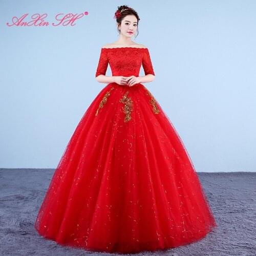 AXJFU princess flower lace red wedding dress vintage party boat neck turkey ball gown golden lace flower white wedding dress