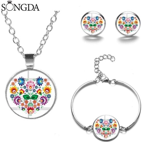 Classical Polish Folk Jewelry Sets Bohemia Geometric Art Photo Glass Handmade Pendant Necklace Earrings Bracelet Set for Women