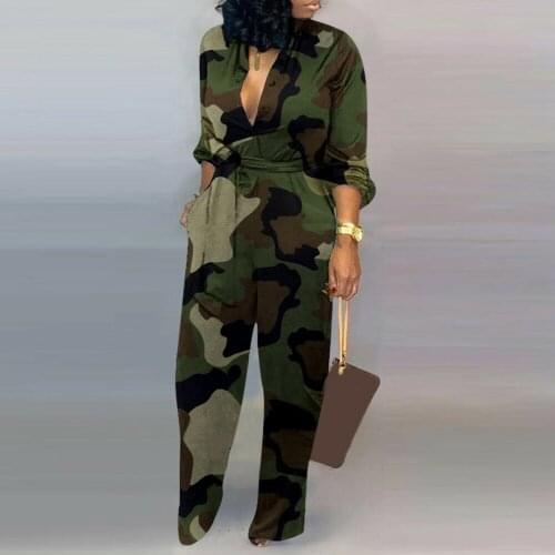 Camouflage Casual Long Sleeves Jumpsuit Women Loose Long Rompers Summer Pockets Pants Female Workout Belt Straps Playsuits 4