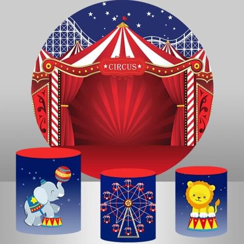 Red Curtains Circus Party Round Backdrop For Children Birthday Party Decor Cartoon Elephant Lion Cylinder Cover for Table Banner