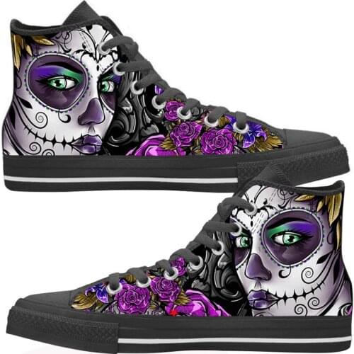 ELVISWORDS Skull Day of the Dead 3D Fashion Women Casual Sneakers Flats Classic High Top Canvas Gothic Vulcanize Shoes for Girls