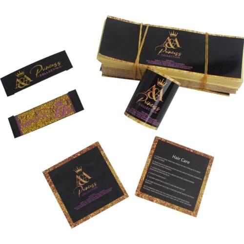 Custom logo brand printing Virgin Hair extensions bundles wrap stickers wig name woven labels tags paper hang tag labels packing