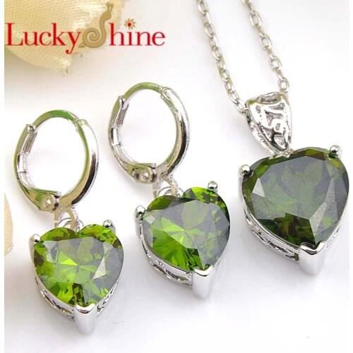 Luckyshine Dazzling Lover Heart Fire Peridot Crystal Cubic Zirconia 925 Silver Pendants Necklaces Drop Earrings Jewelry Sets