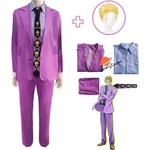 Anime JoJos Bizarre Adventure Kira Yoshikage Cosplay Costume Purple Suit Short Blond Wig Halloween Role Play Party Men