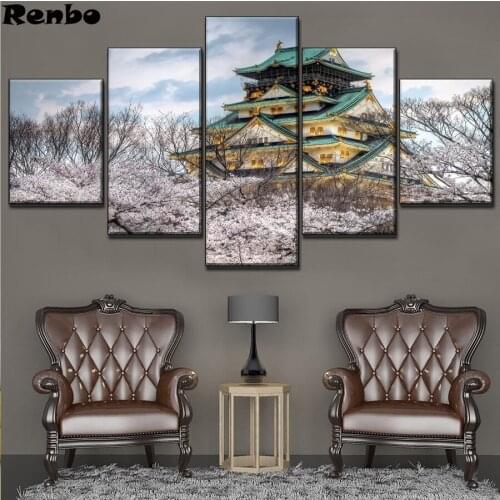 5 Piece Spring Sakura Japan Osaka Castle diamond painting full round Diamond mosaic Handmade square drill,3d diamond embroidery