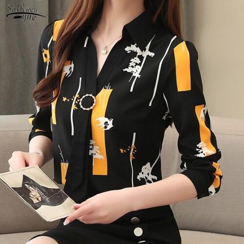 2021 Autumn New All-match Fashion Printed Bottoming Shirt Women Long Sleeve Chiffon Blosue Korean Office Women Clothing 10672