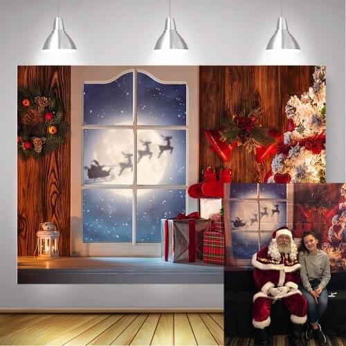 Christmas Backdrop Wooden Wall Christmas Tree Moon Background Santa Claus Reindeer Photography Children Kids Portrait Photocall