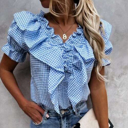 Sexy Double V Neck Ruffles Blouse Women Plaid Print Puff Shoulder Spring Shirts Summer Short Sleeve Elegant Office Ladies Tops