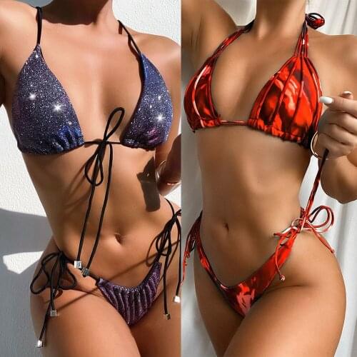 Sexy Triangle Brazilian Push Up Bikinis Swimwear Women String Bandage Bikini Set Tied String Bathing Suits Beach Wear Biquinis