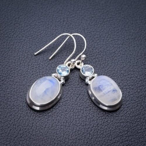 StarGems Natural Rainbow Moonstone And Blue Topaz Handmade 925 Sterling Silver Earrings 1.5" E1424