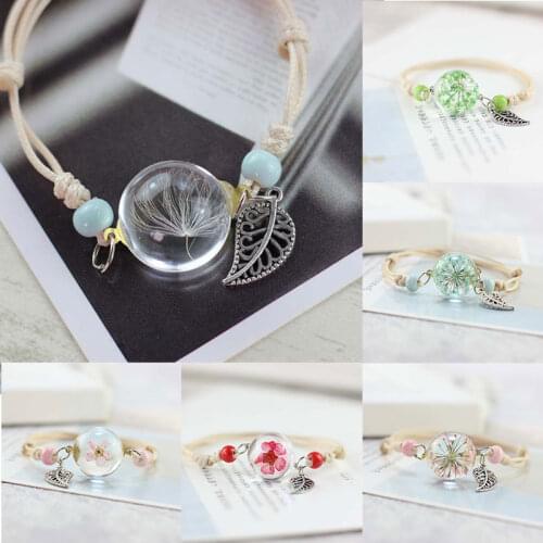 Glass Ball Dried Dandelion Bracelets Ceramic Hand-made Dried Flower Charm Bracelets Girls Gifts Natural Flower Weave Jewelry