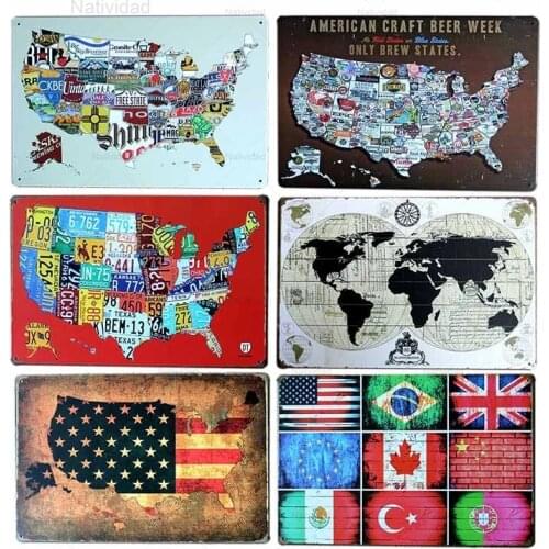Vintage United States Map Tin Sign National Flag Metal Plaque World Map Poster Cafe Decoration Pub Retro Wall Decoration 20X30Cm