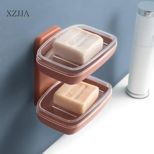 XZJJA Removable Bathroom Double-deck Drain Soap Case Self-adhesive Wall Hanging Soap Tray Stand Soap Holder Bathroom Accessories
