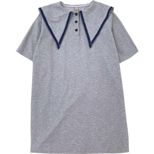 Japanese girl hit color navy collar summer solid color loose all-match short-sleeved dress