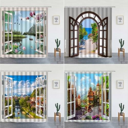 Forest Scenery Print Shower Curtains Green Plant Tree Landscape Bathtub Screen Hooks For Bathroom Background Wall Hanging Decor