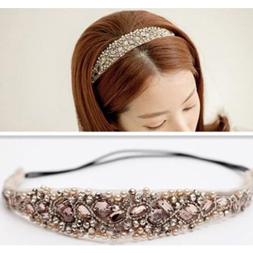 Women Rhinestone Beads Elastic Tiara Handmade Crystal Beads Headdress Hair Accessories Fashion Ladies Pearl Diamond Headband