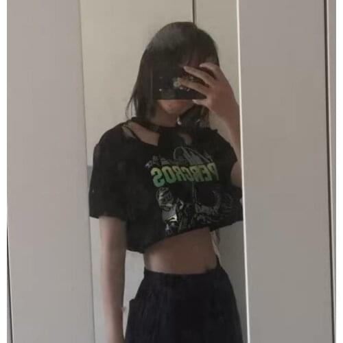 Rock Punk Women Cool Black Short T-shirts O Neck Tshirt Chains Print Long Metal Hollow Out Fashion Sexy Hot Top 2020 Summer Lady