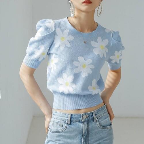 Cute Floral Pattern Summer Women Knitted Ladies T-shirt Casual Stylish Blue Shirt Short Sleeve Puff Sleeve T-shirt Elegant S-2XL
