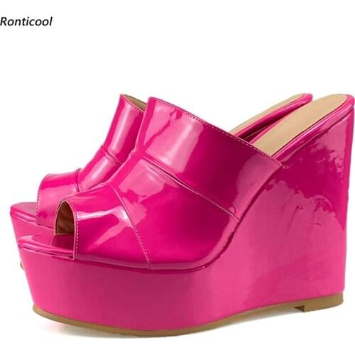 Ronticool Women Mules Sandals Patent Wedges Heels Open Toe Gorgeous Fuchsia Violet Burgundy Party Shoes Women US Plus Size 5-20